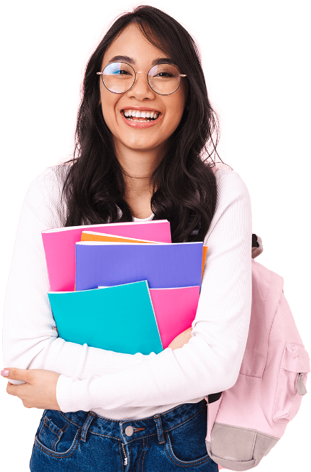 happy female student with pink backpack